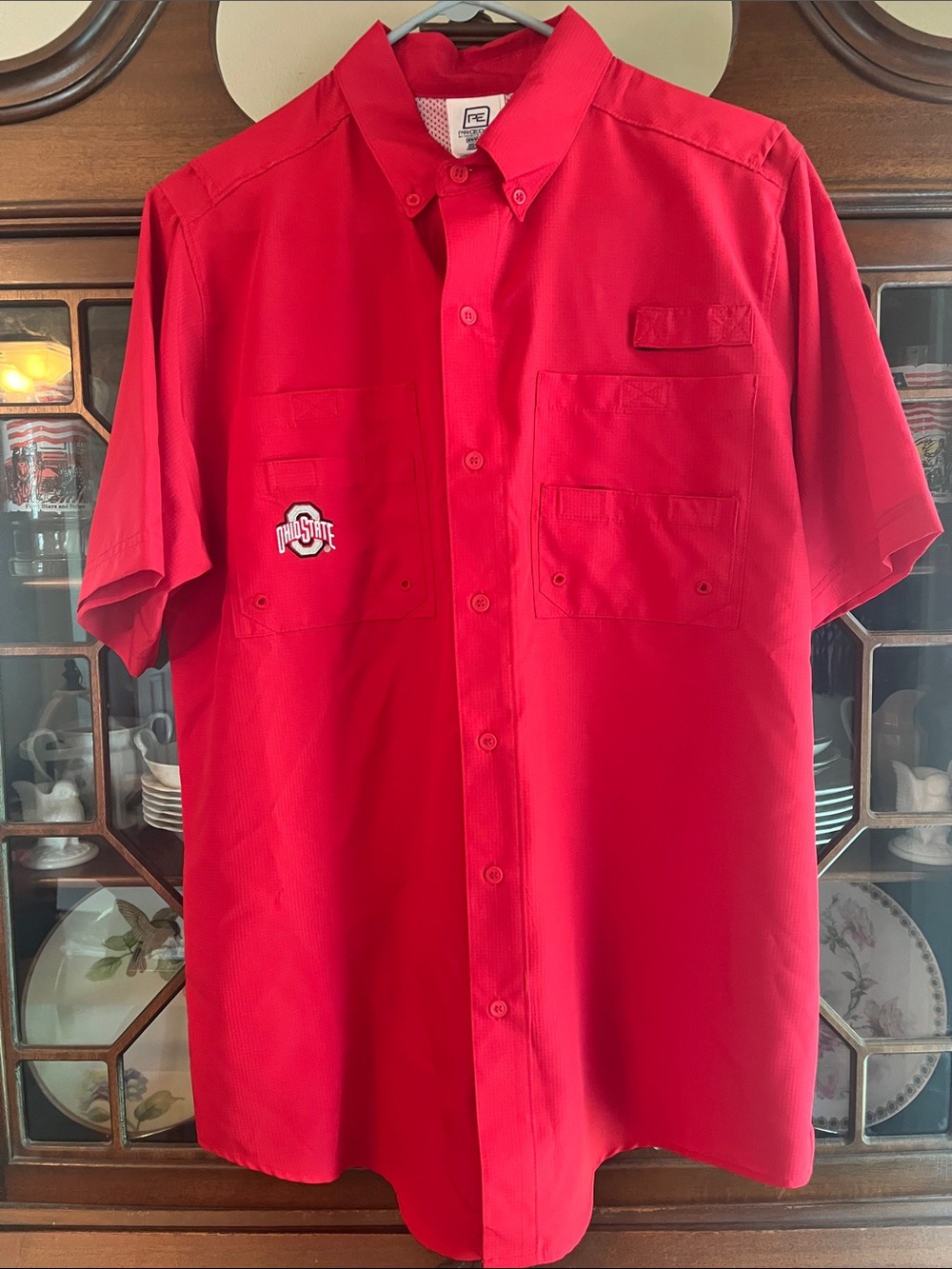Pro Edge Red Short-Sleeve Button-Down Shirt with Ohio State University Logo